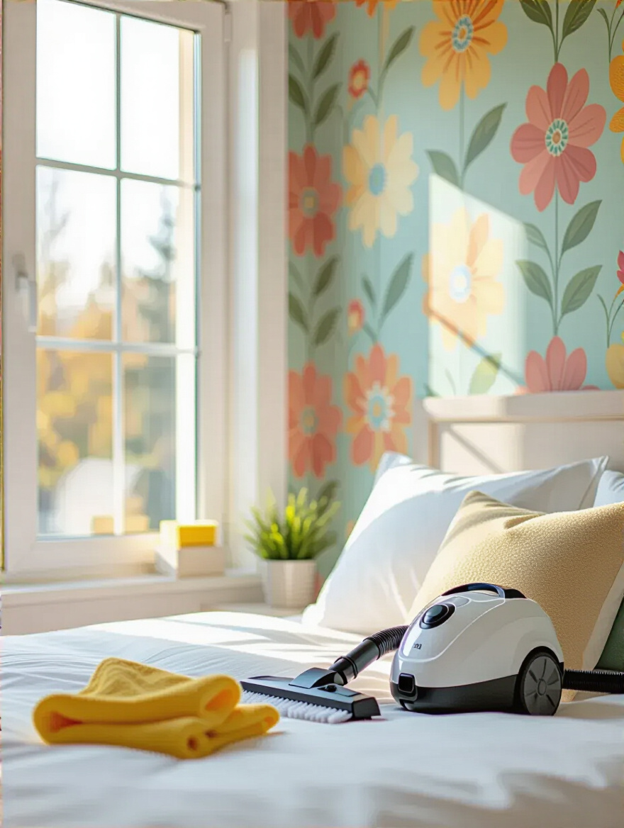 Pristine bedroom wallpaper accent wall with cleaning tools including microfiber cloth and vacuum brush under soft natural light