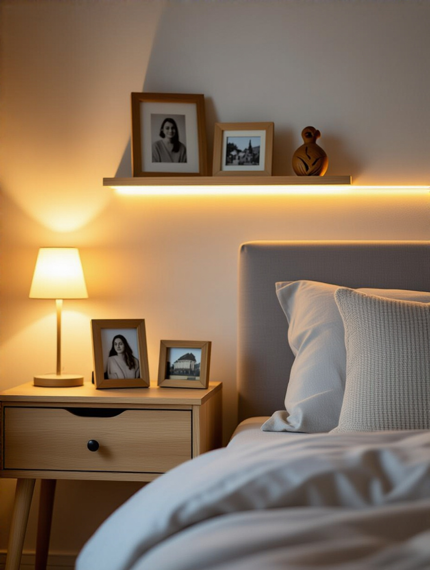 Cozy bedroom corner with bedside table and floating shelf showcasing cherished personal items under warm ambient lighting