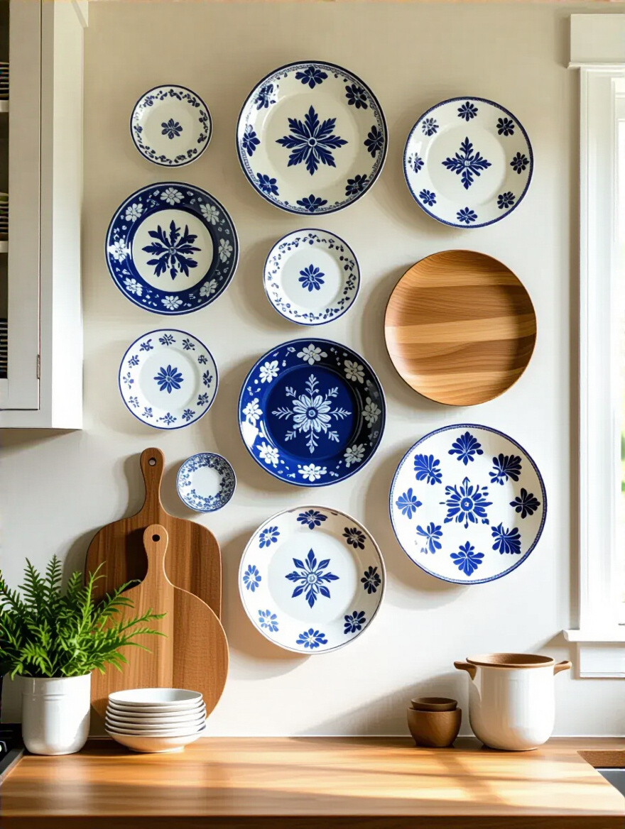 Kitchen wall decorated with an artistic arrangement of decorative plates in various sizes and styles, creating a unique wall statement.