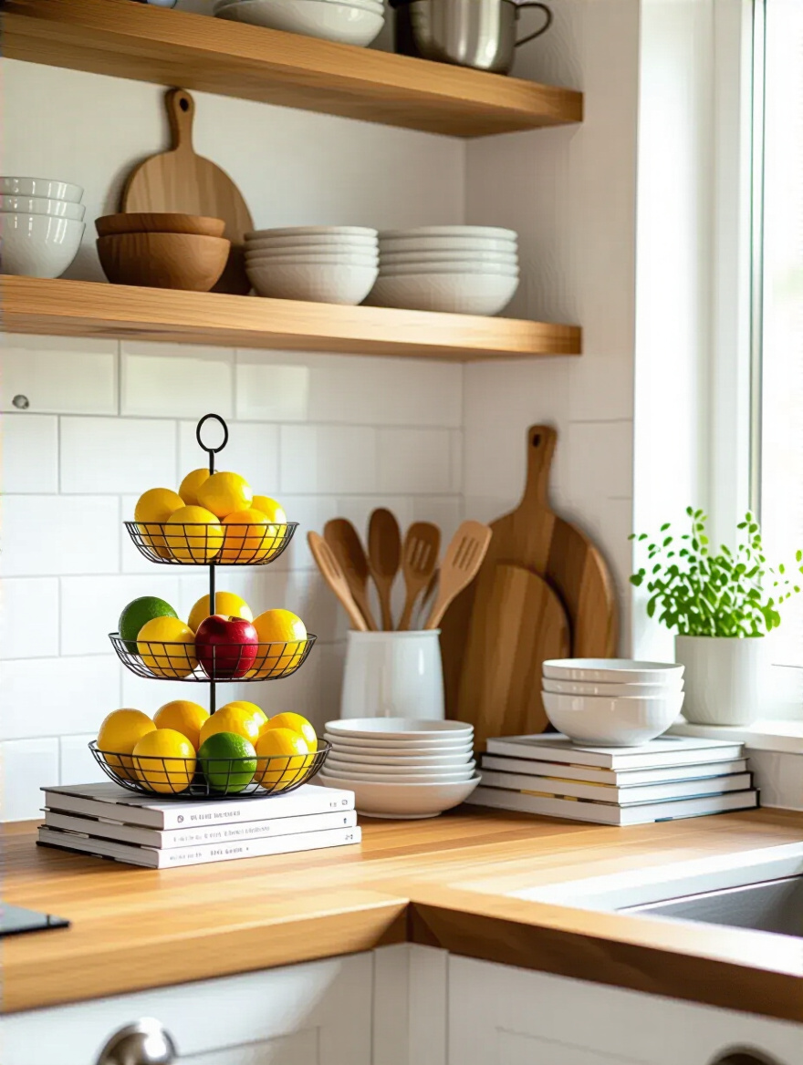 Bright modern kitchen corner with colorful fresh fruits in tiered basket, cookbooks, wooden cutting boards and utensils displayed as decor