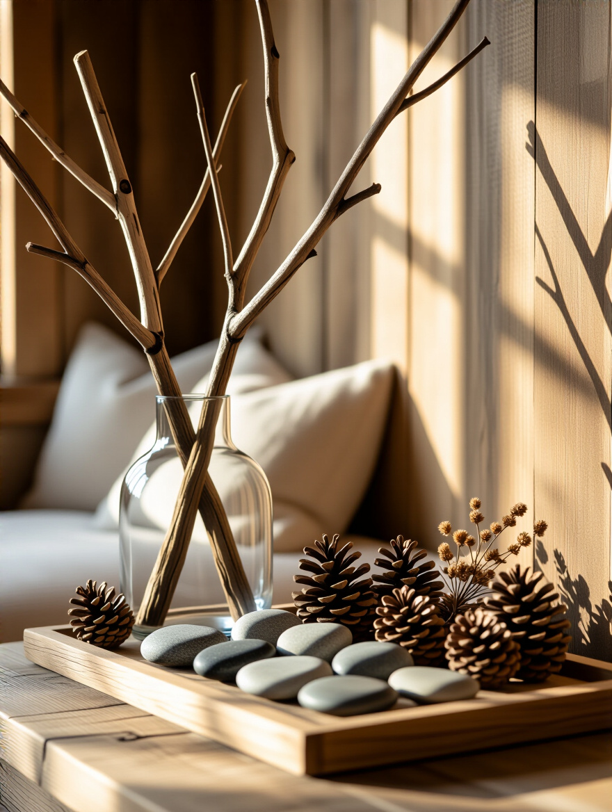 Thoughtful display of foraged natural elements including branches, stones, and pinecones in a rustic living room corner with warm natural lighting