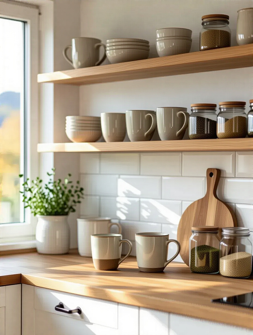 Scandinavian kitchen with open shelves displaying practical everyday items like ceramic mugs and wooden cutting boards