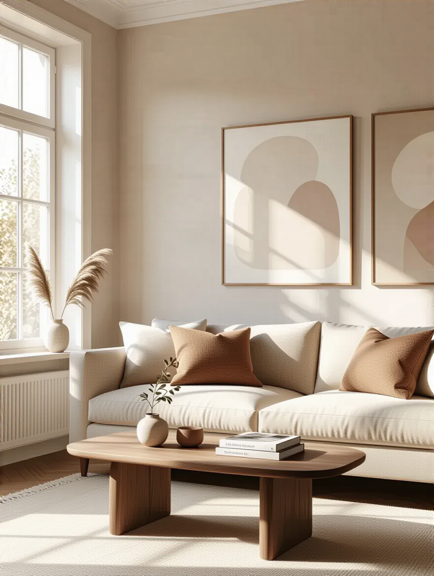 Living room with coordinated accent wall wallpaper, furniture, and art