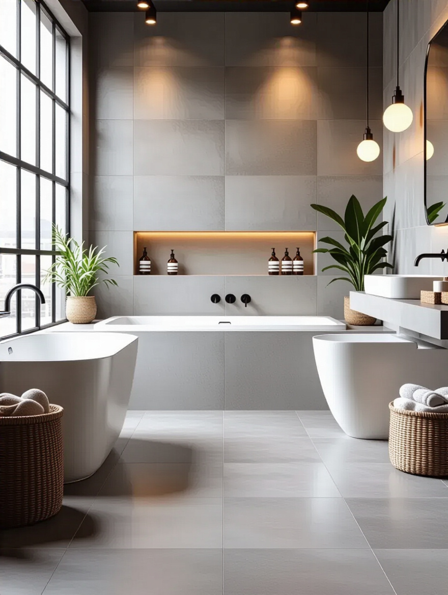 Professional photo of an industrial bathroom featuring matte finish tiles.