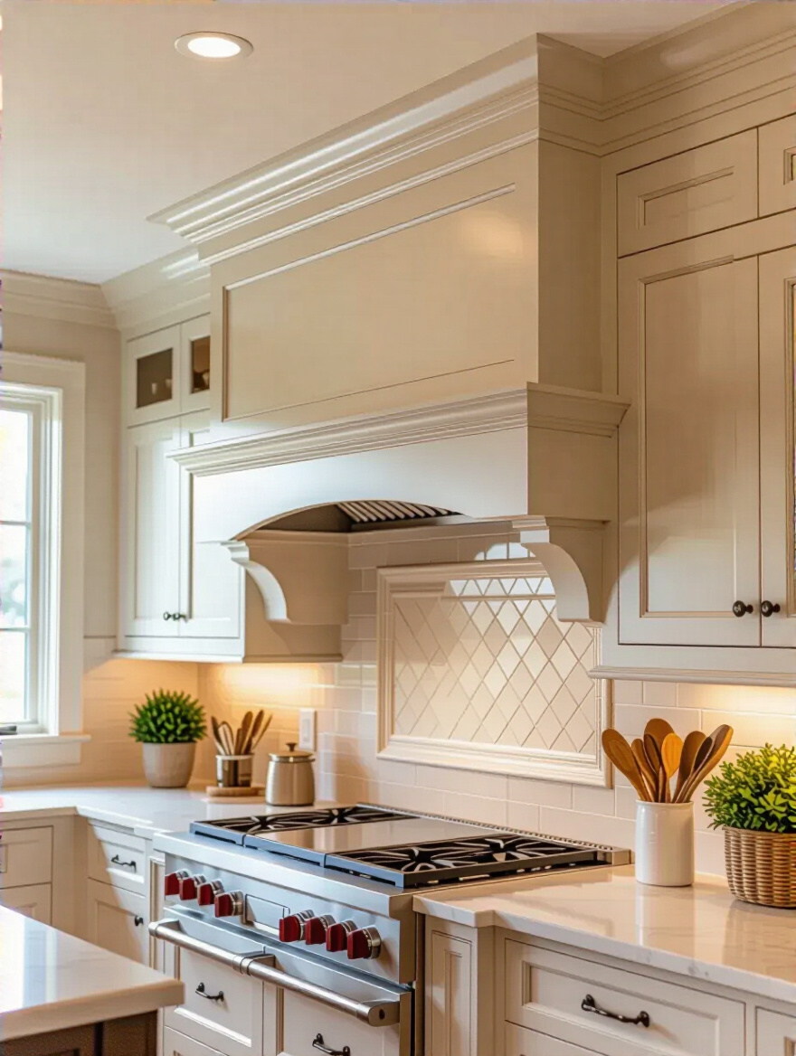 Traditional kitchen cabinetry with integrated crown molding and decorative trim, showcasing elegant design.