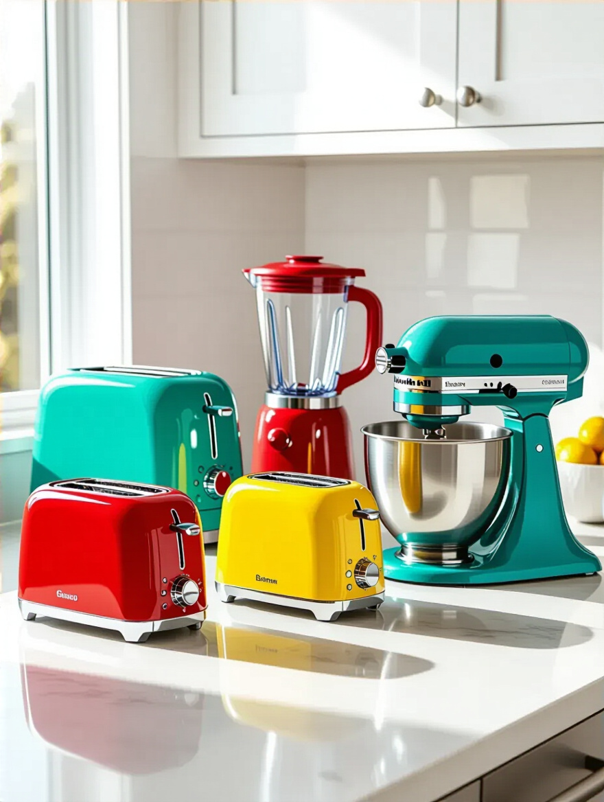 Colorful vinyl wrapped small kitchen appliances on a modern countertop with natural lighting