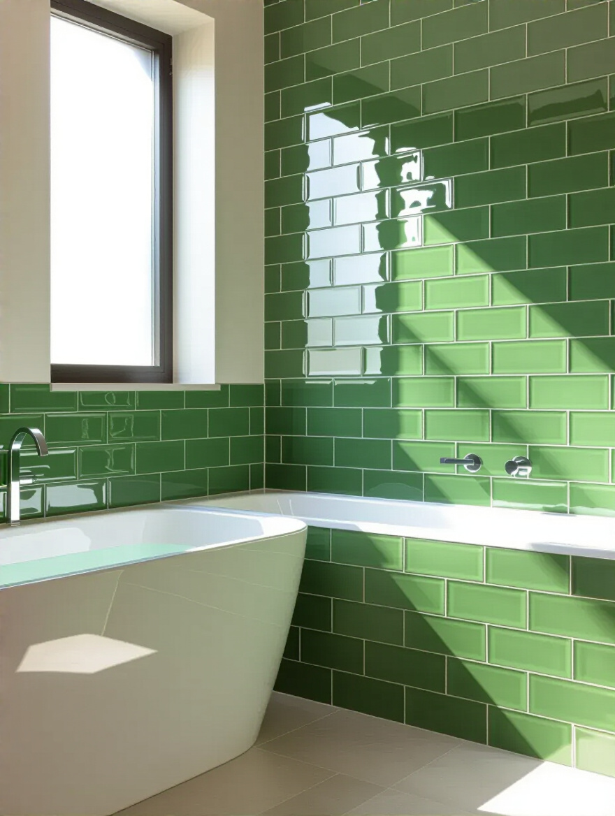 Modern bathroom wall with large-format green porcelain subway tiles in vertical stack pattern, showcasing impactful and durable tile patterns.