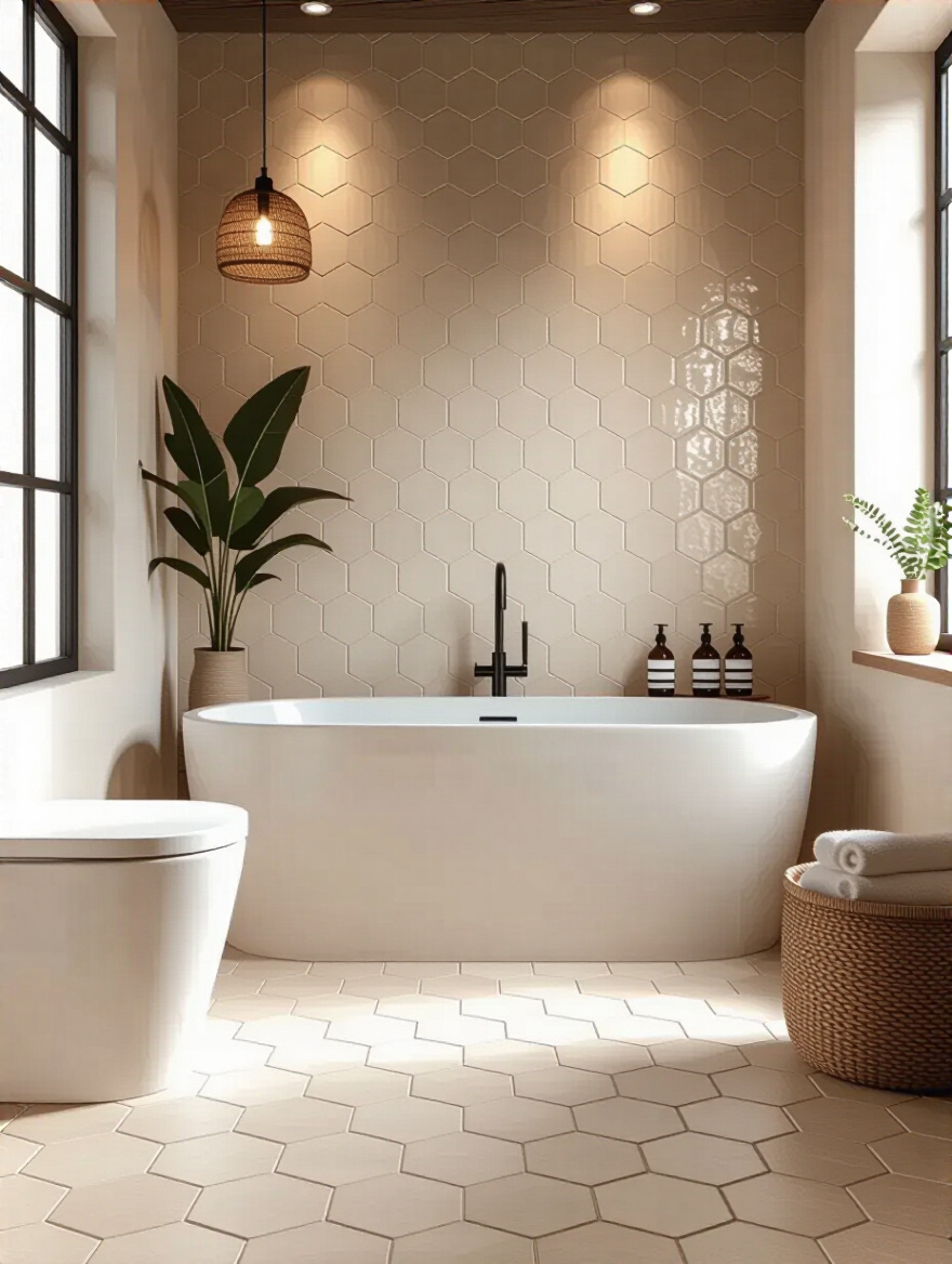 Industrial bathroom featuring textured hexagonal tiles on floor and wall.