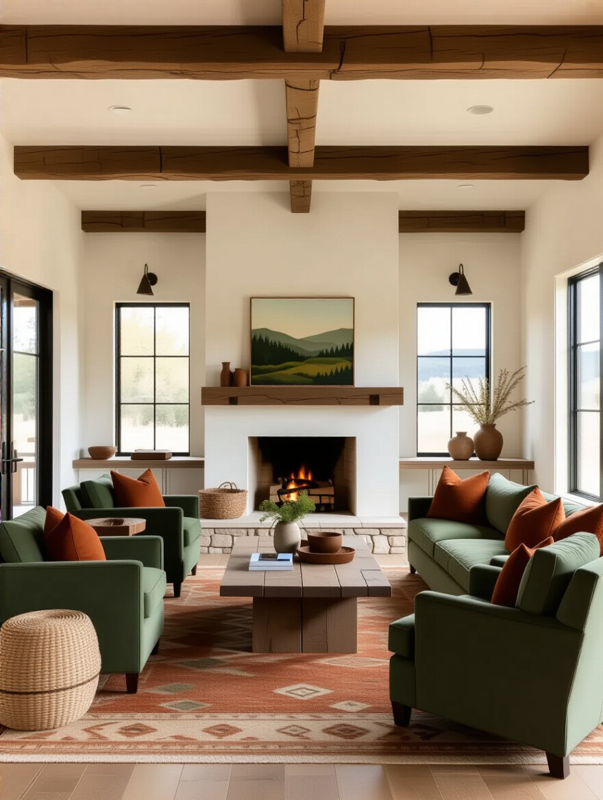 Rustic living room with warm earth-toned color palette featuring wood beams, stone fireplace, and natural textured accents