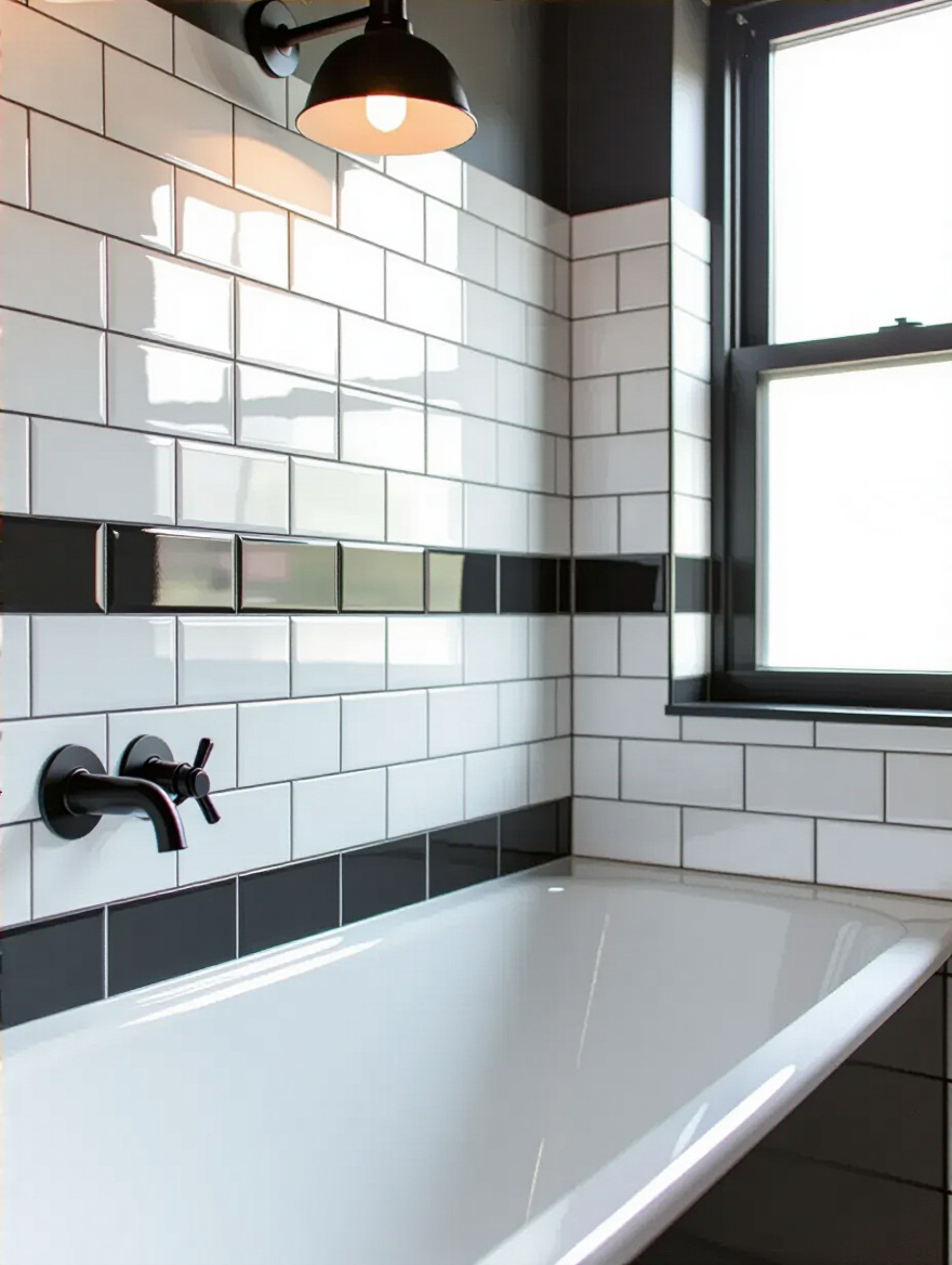 Industrial bathroom showcasing glossy white subway tiles with charcoal grey grout lines.