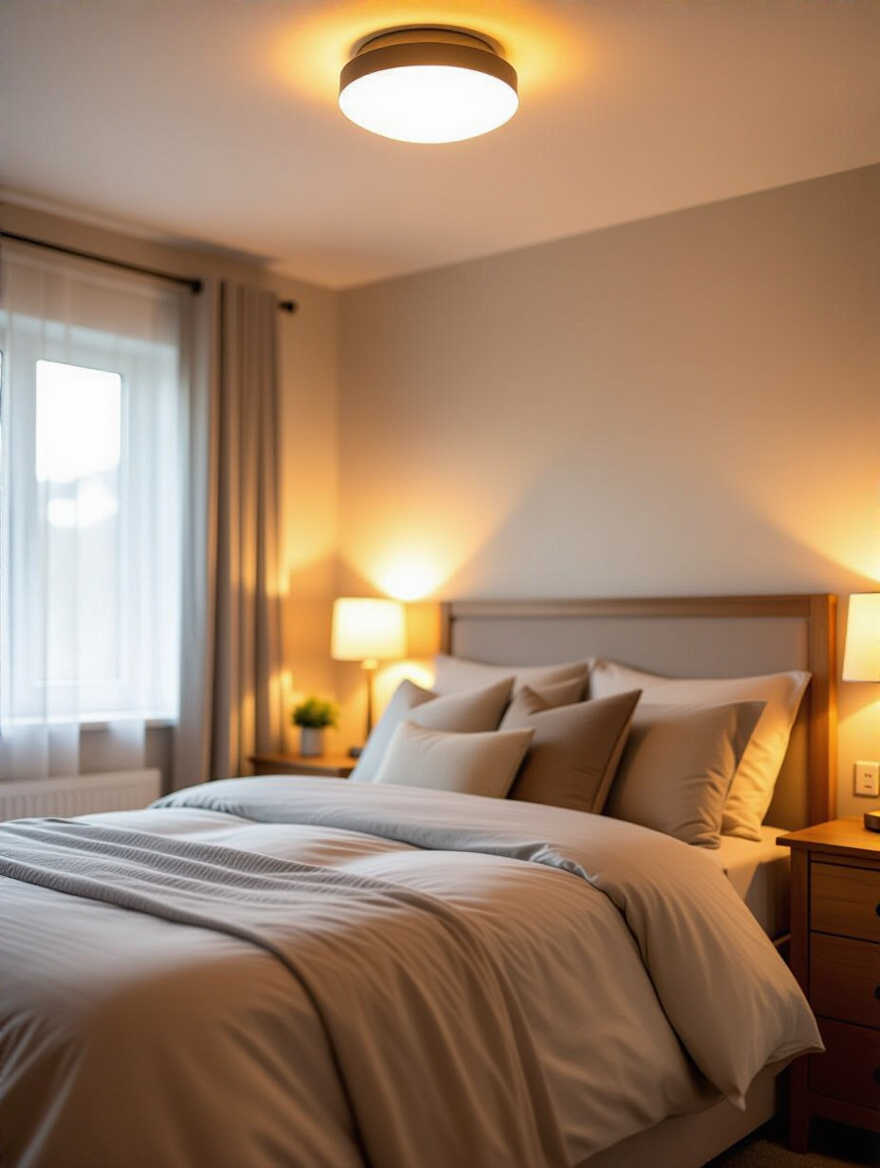 Cozy bedroom with layered lighting and dimmer switches controlling warm ambient lights for flexible ambiance