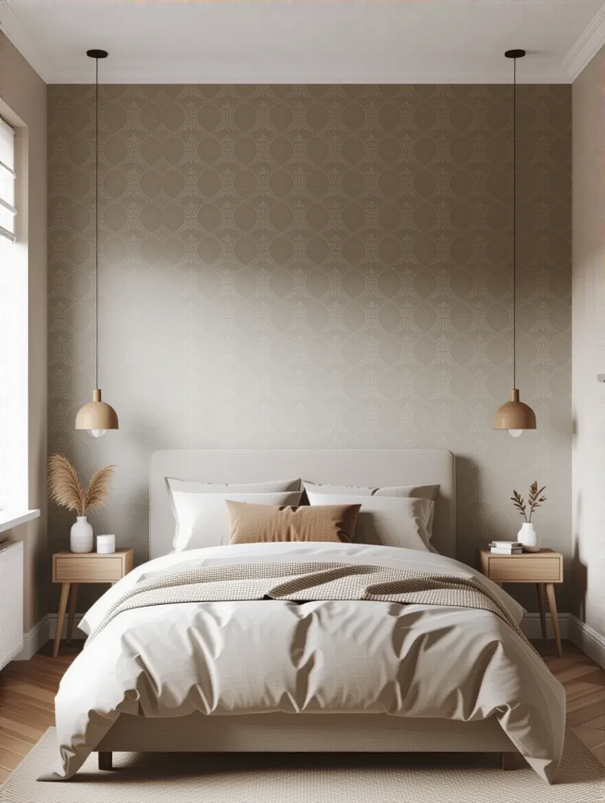 Smooth, wrinkle-free bedroom wallpaper accent wall with flawless finish and no air bubbles