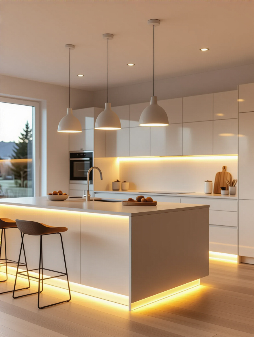 Scandinavian kitchen with layered lighting showcasing pendant lights and LED strips