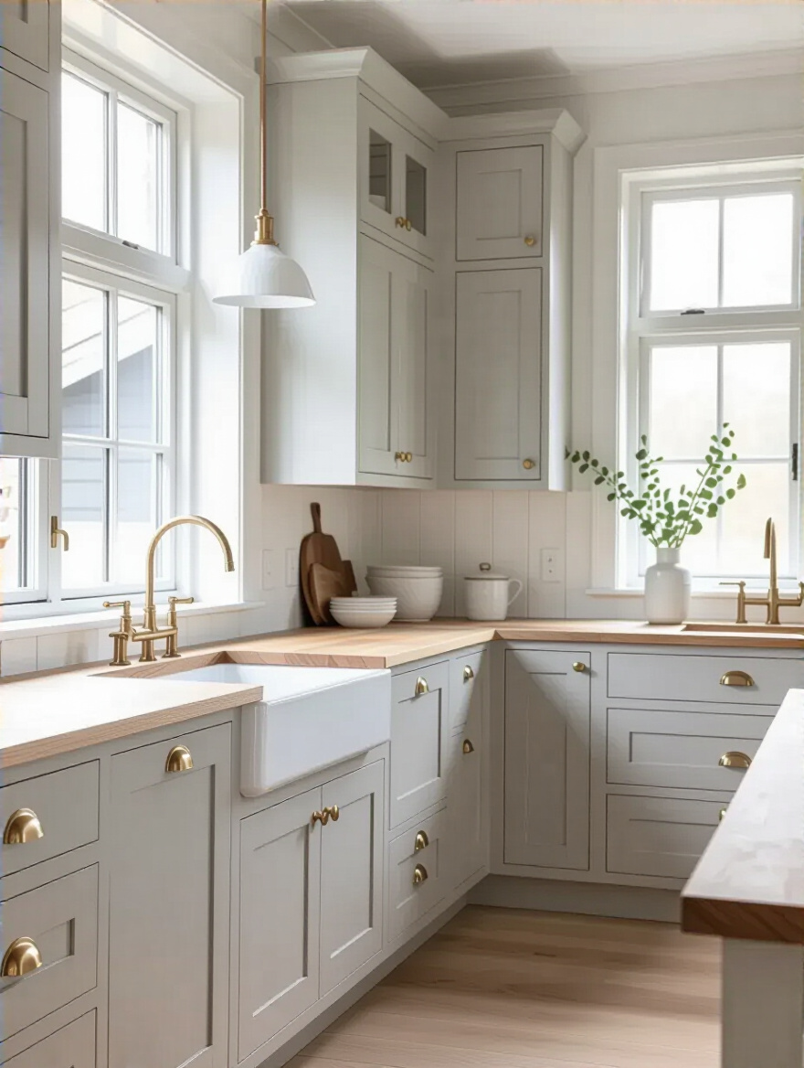 A beautiful Scandinavian kitchen featuring light grey painted shaker cabinetry