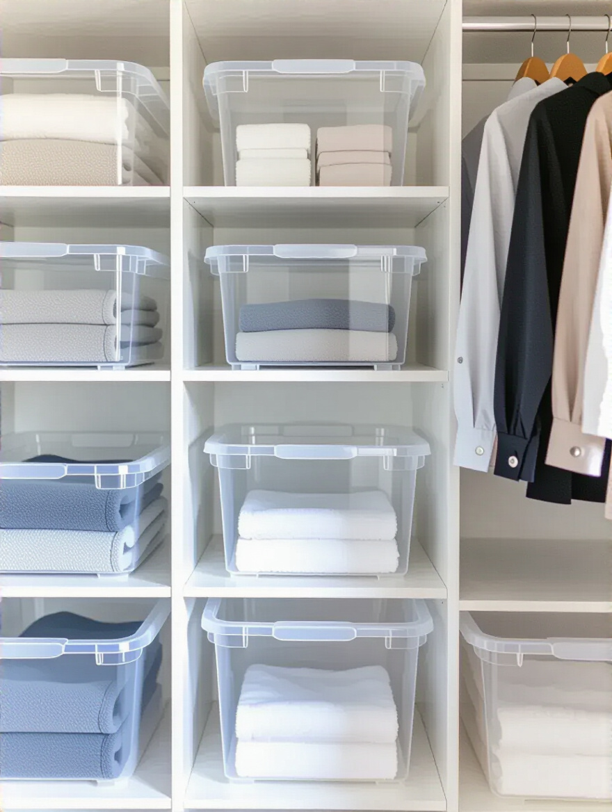 Stackable clear bins neatly arranged on bedroom closet shelves for visible and dust-free storage