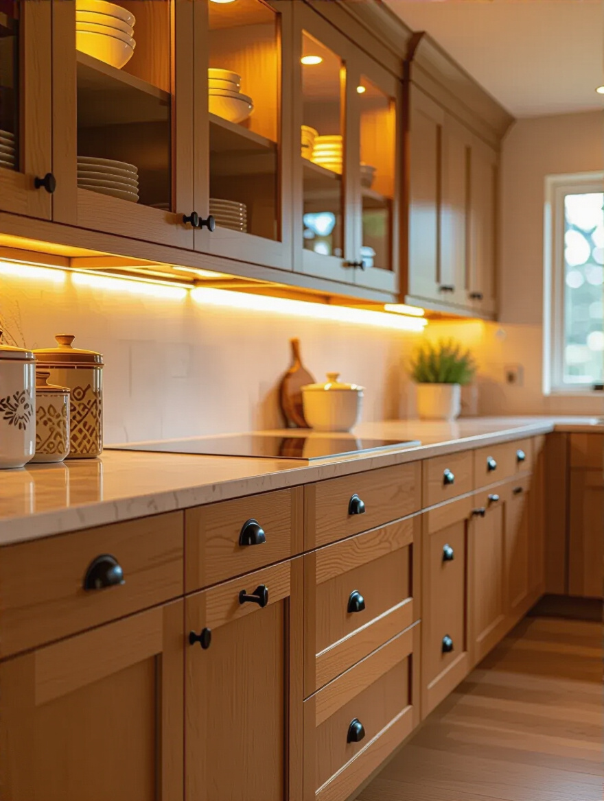 Traditional kitchen with integrated under-cabinet lighting illuminating countertops and glass-front cabinets