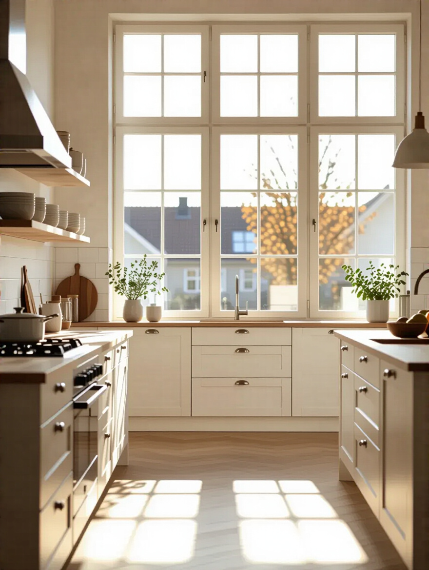 Scandinavian kitchen with large windows and minimal window treatments allowing natural light to enhance the space.