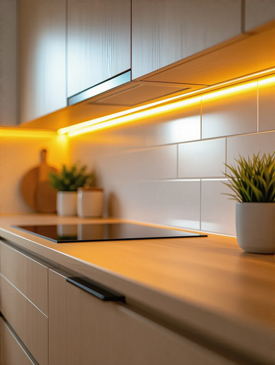 Warm under-cabinet LED lighting illuminating a modern kitchen countertop with wooden cabinets and backsplash