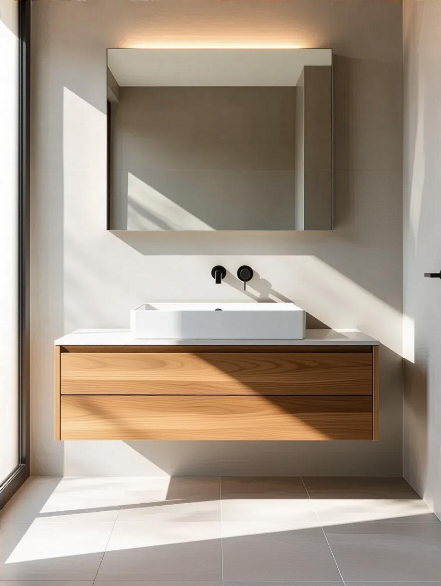 Modern bathroom with a sleek natural wood floating vanity mounted on a light gray wall, showcasing open floor space beneath and bright natural lighting