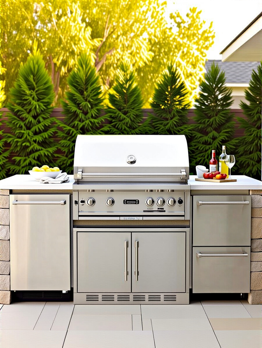 Close-up of perfectly leveled outdoor kitchen cabinets with a spirit level on top on a concrete patio under natural daylight