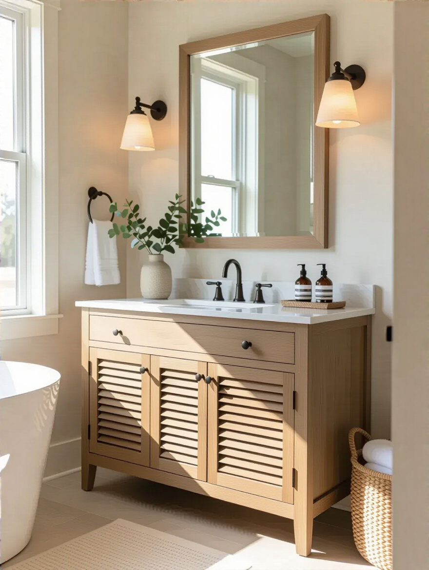 Stylish bathroom vanity with ventilated panels and slatted doors