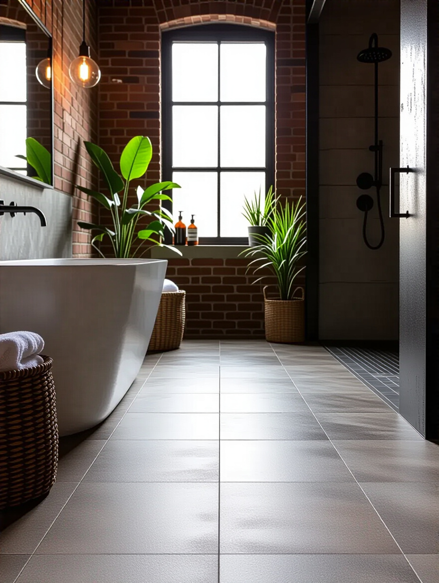 Professional photo of high-traction anti-slip floor tiles in an industrial bathroom setting.
