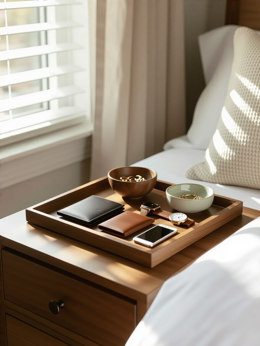 Organized bedroom nightstand with a decorative valet tray holding pocket contents like keys, wallet, phone, and watch as a daily landing strip