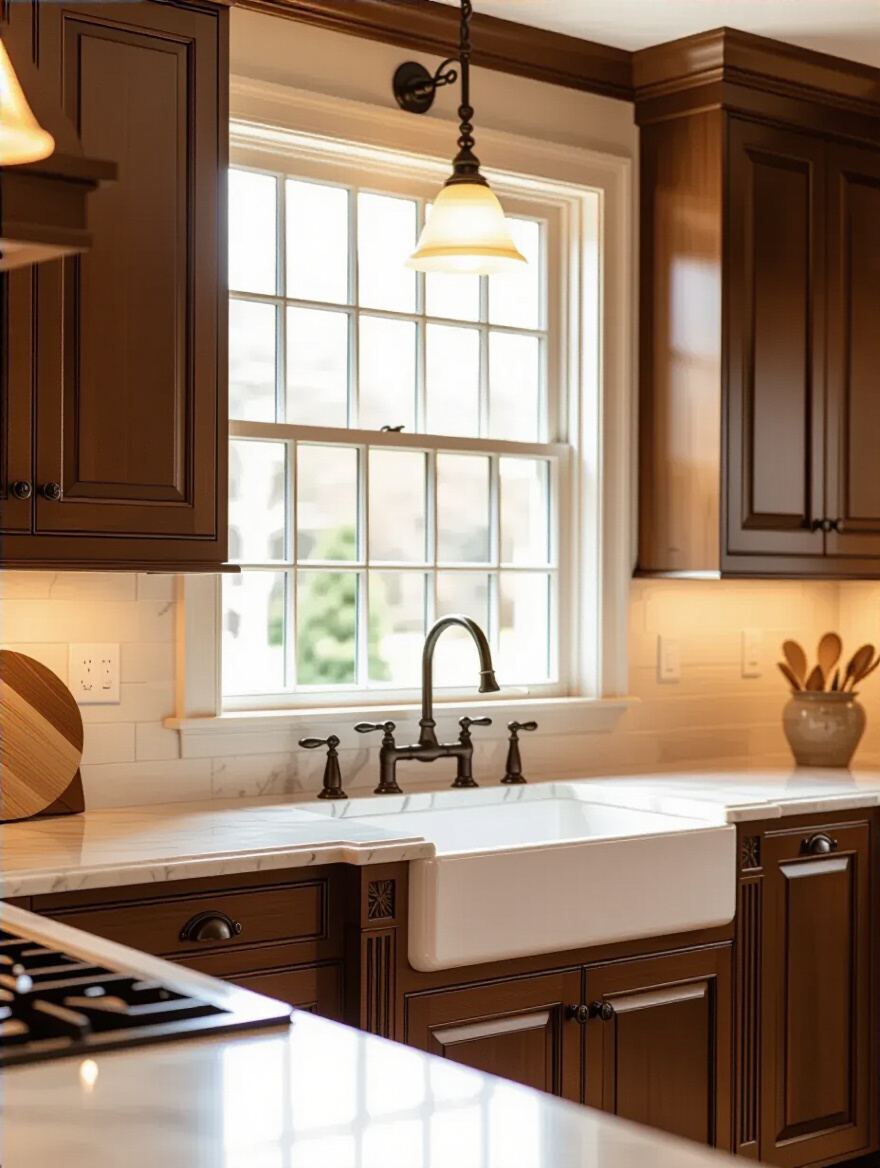 Traditional kitchen cabinetry with rich wood tones and intricate details, illuminated by natural light.
