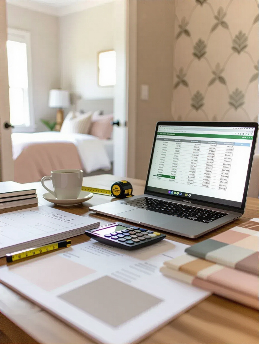 Home office desk with wallpaper samples, calculator, and budget spreadsheet planning a bedroom wallpaper accent wall