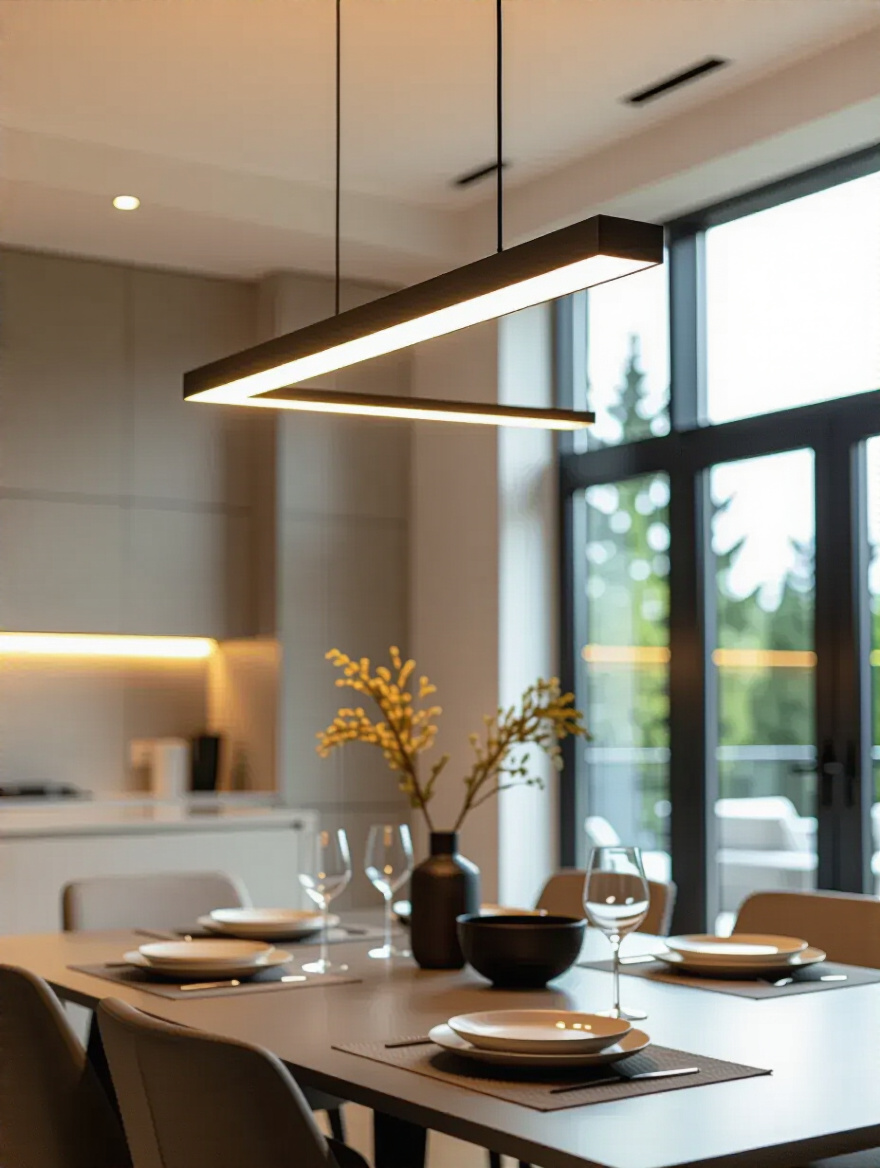 Modern dining room with a well-positioned pendant light hanging at the ideal height above a sleek dining table, showcasing optimal fixture drop length.