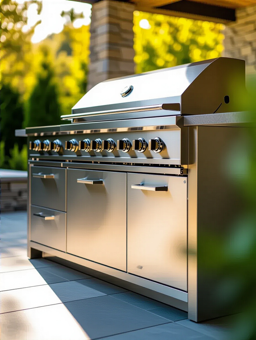 Portrait image of sleek stainless steel outdoor kitchen cabinet with brushed finish in a modern outdoor kitchen setting