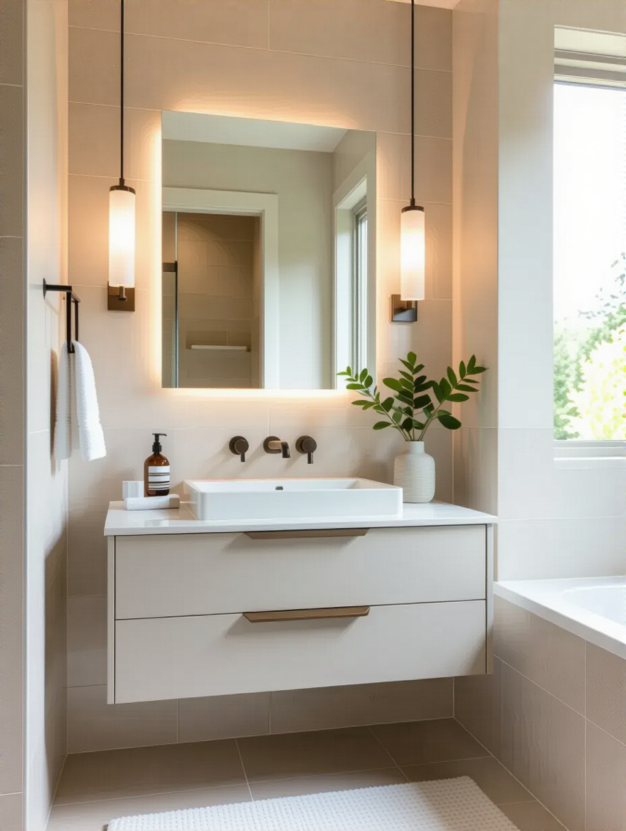 Professional photo of a modern bathroom with optimized vanity placement, showcasing style and functionality.