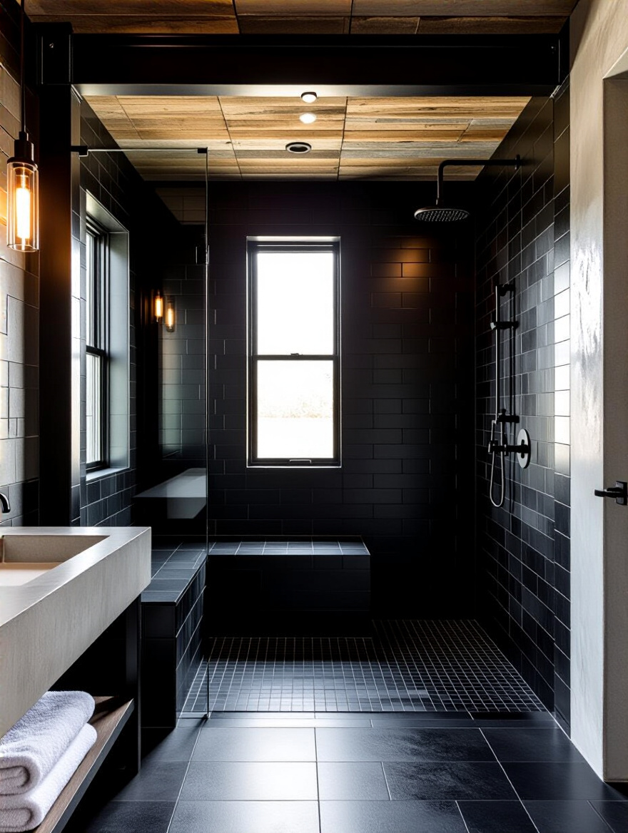 Luxurious industrial bathroom with charcoal and black porcelain tiles