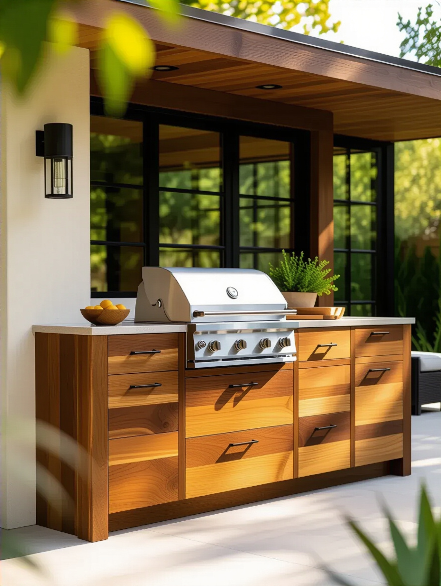 Outdoor kitchen cabinet made of sustainable hardwood with rich natural wood grain and warm tones in soft natural daylight