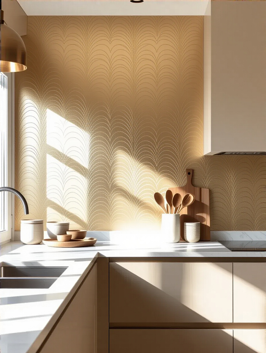 Modern kitchen wall covered with luxurious textured wallpaper featuring intricate raised patterns and metallic sheen