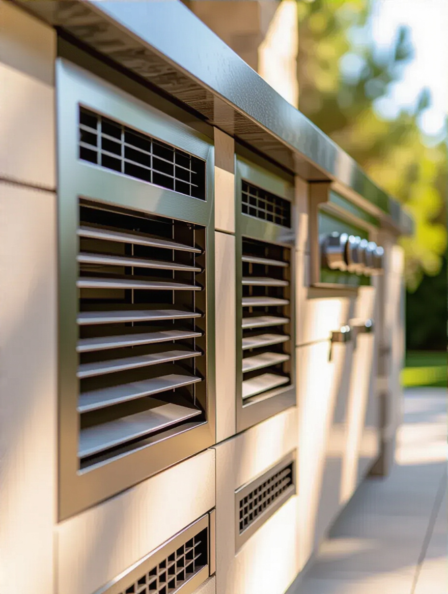 Close-up portrait of outdoor kitchen cabinets showing integrated ventilation vents for improved airflow and longevity