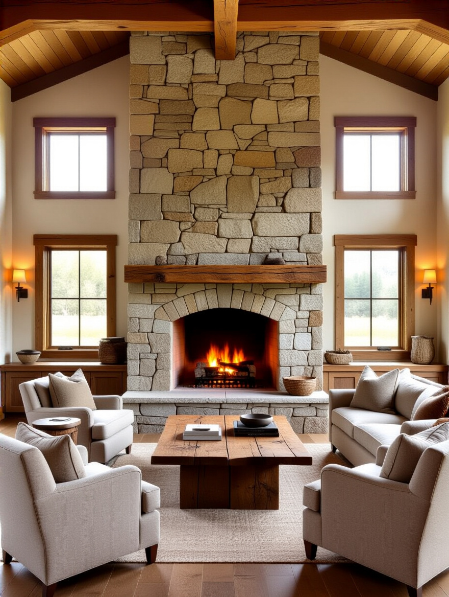 Rustic living room with a large stacked stone fireplace and reclaimed wood mantel as a focal point