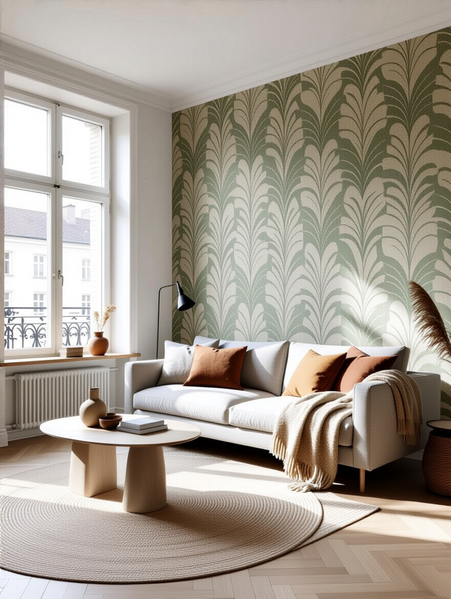 Stylish living room with a wallpaper accent wall opposite a large window