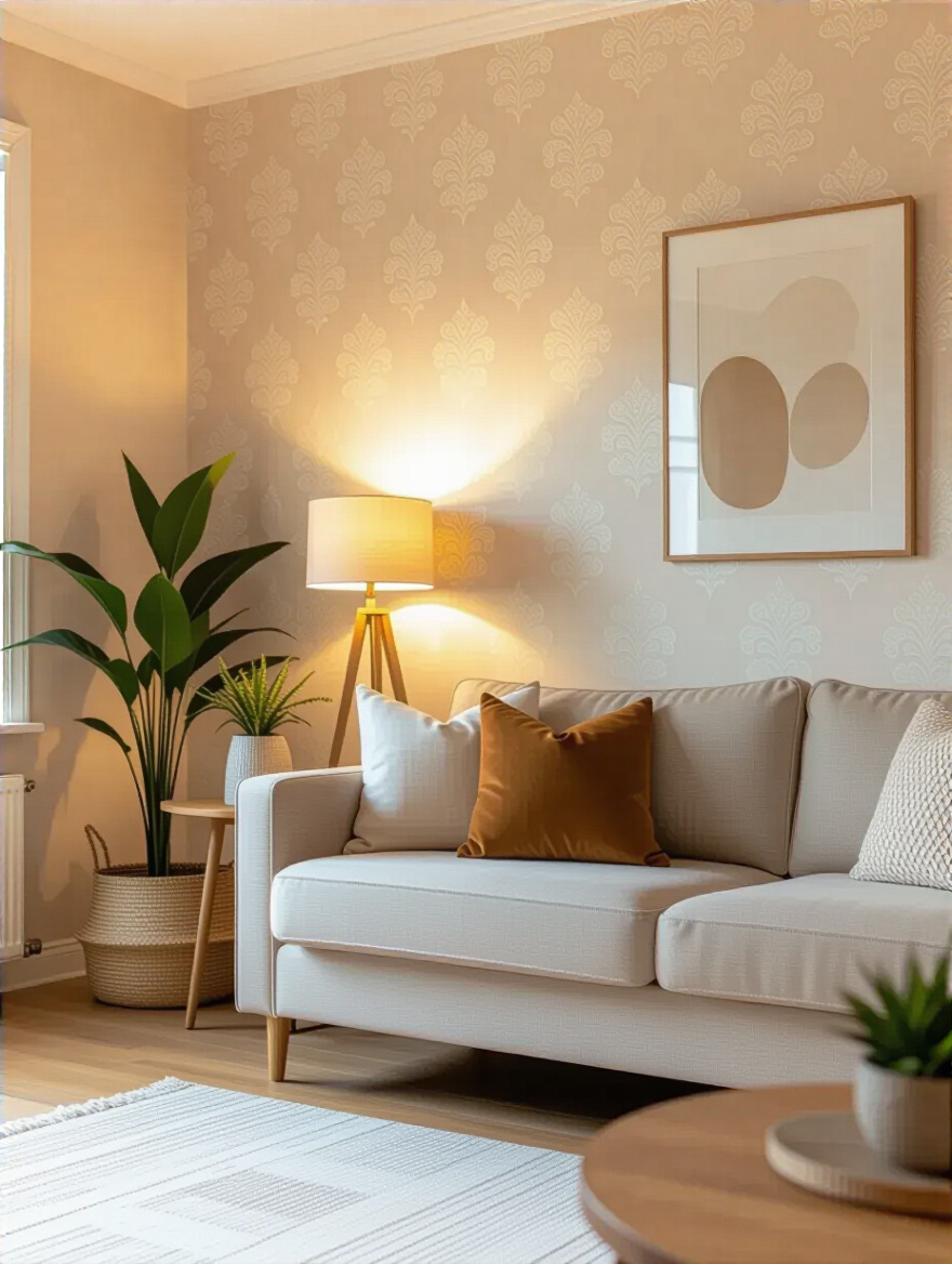 Beautifully wallpapered accent wall showcasing a professional finish without seams or bubbles.