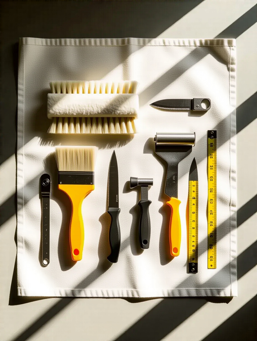 Organized wallpaper installation tool kit with smoothing brush, utility knife, seam roller, measuring tape on white drop cloth