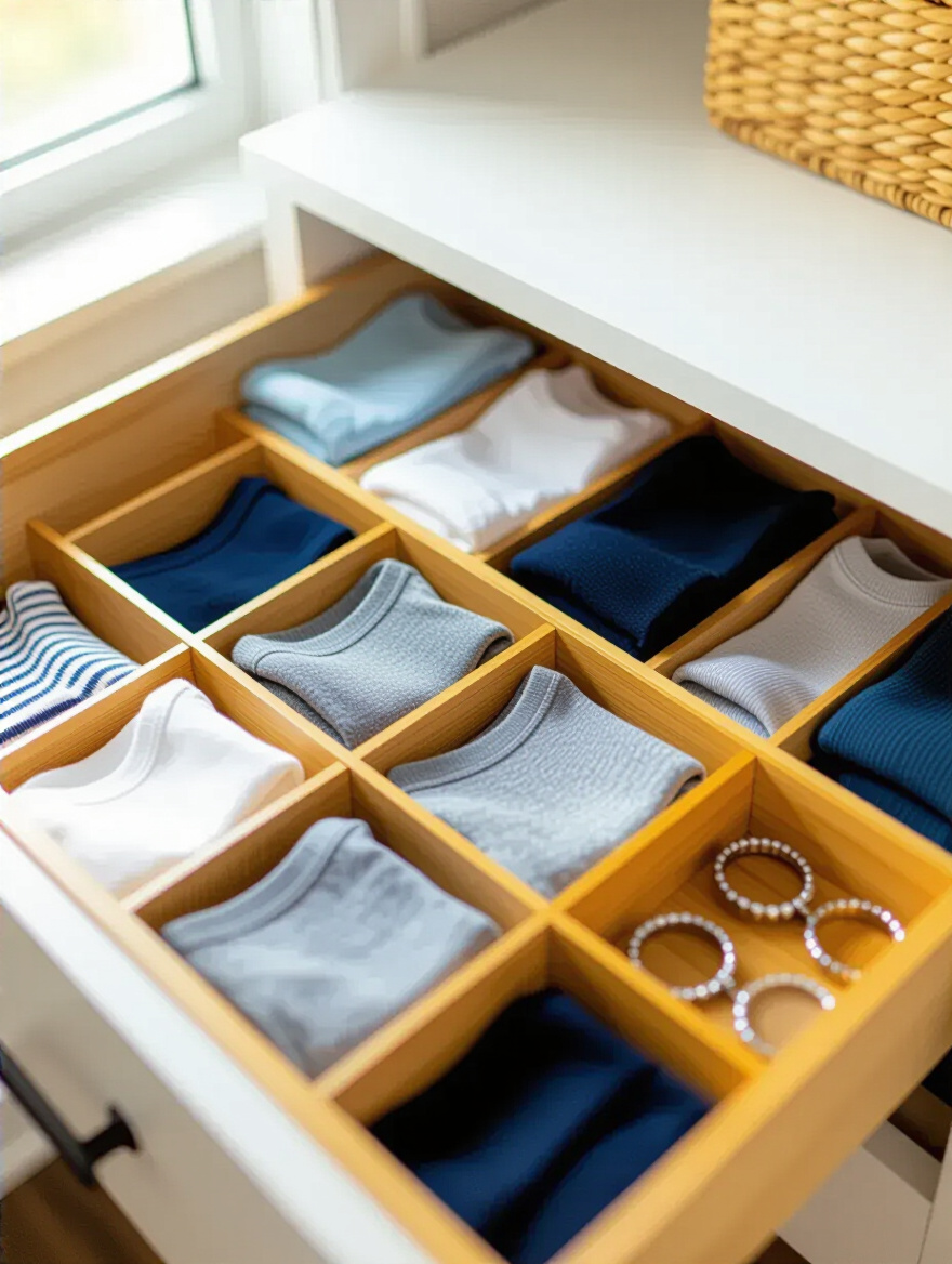 Organized bedroom drawer with grouped socks and accessories separated by bamboo dividers, demonstrating streamlined storage placement