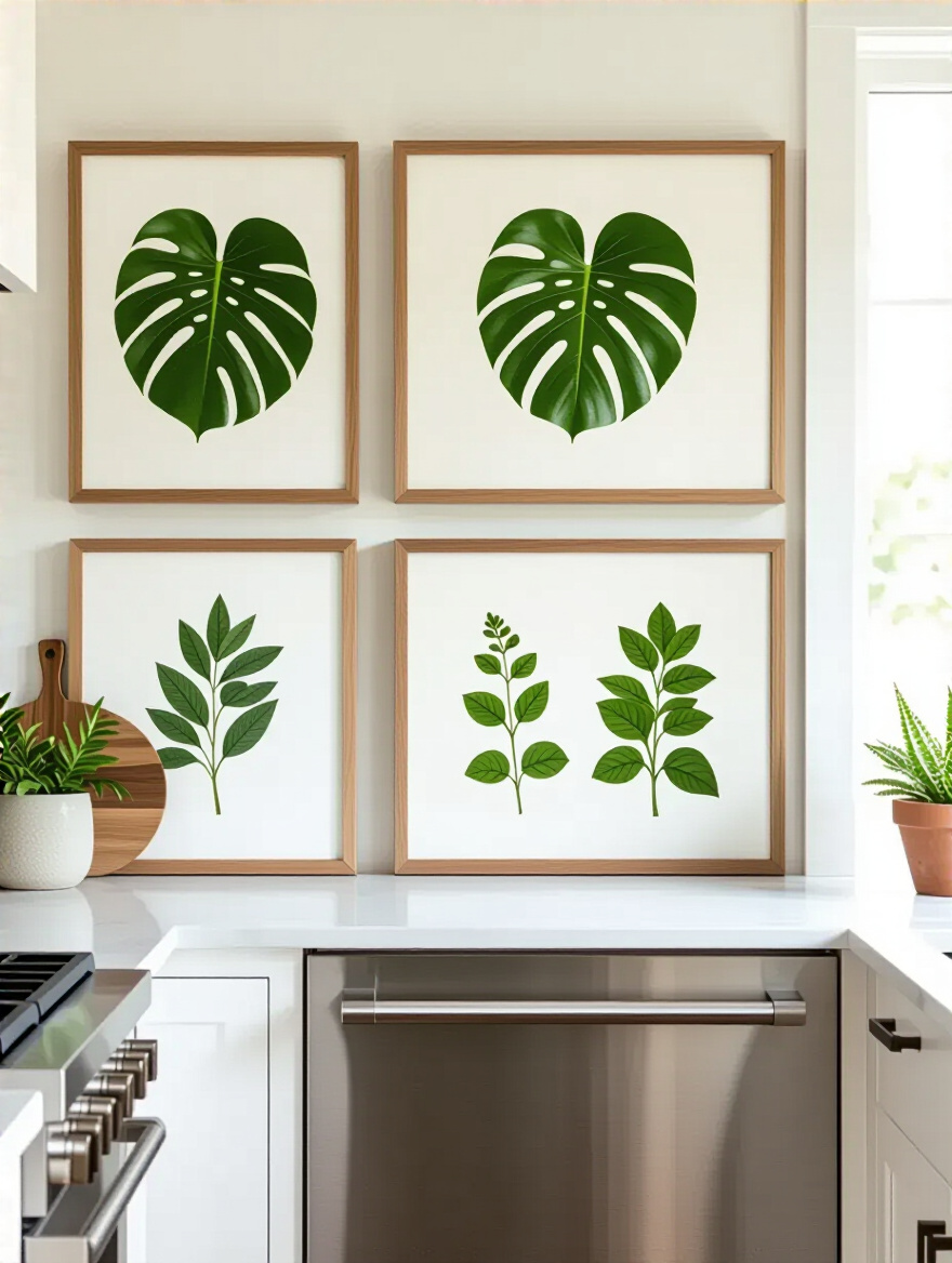 Kitchen wall featuring a gallery of framed botanical prints with green leaves and herbs, creating a fresh and natural atmosphere