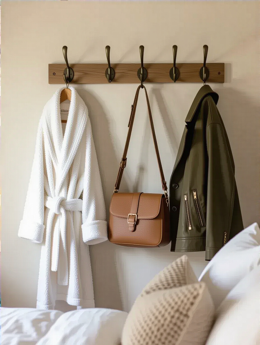 Decorative wall hooks in a bedroom holding a bathrobe and handbag, enhancing organization and aesthetics.