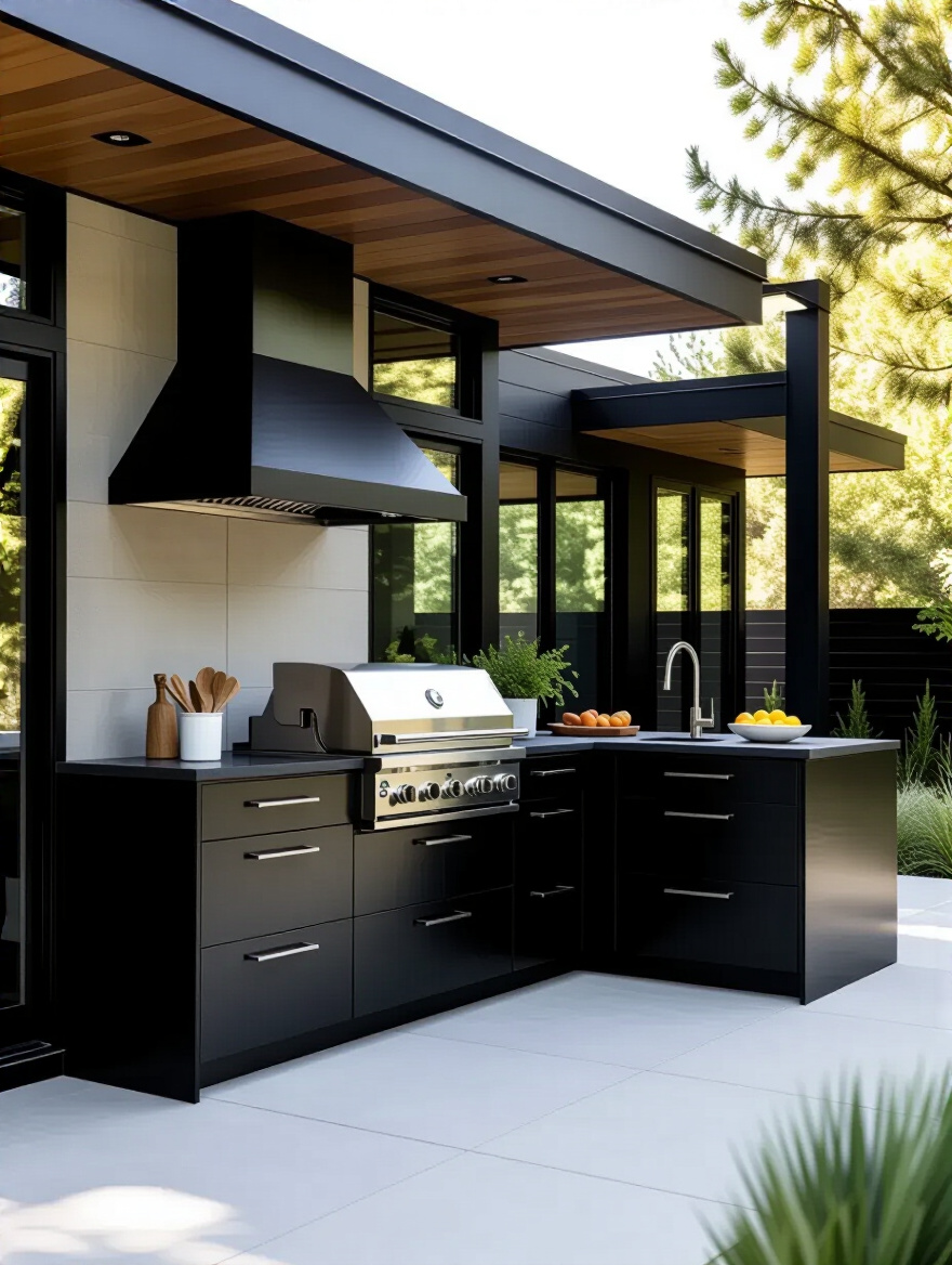 Outdoor kitchen with black powder-coated stainless steel cabinets harmonizing with modern home exterior featuring dark trim and glass windows