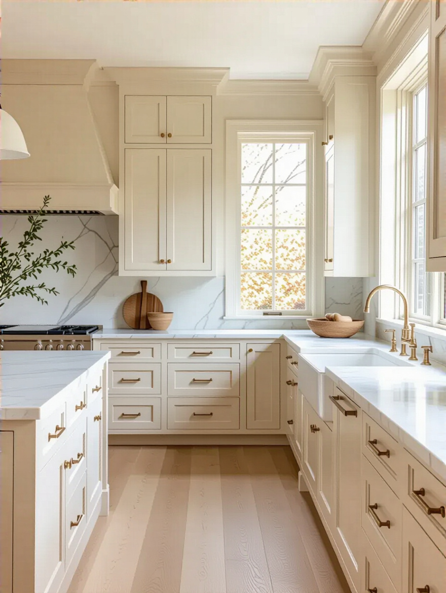 Traditional kitchen with harmonious cabinetry, countertops, and flooring