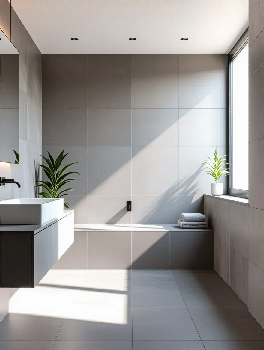 Modern industrial bathroom with large format grey tiles on walls and floor
