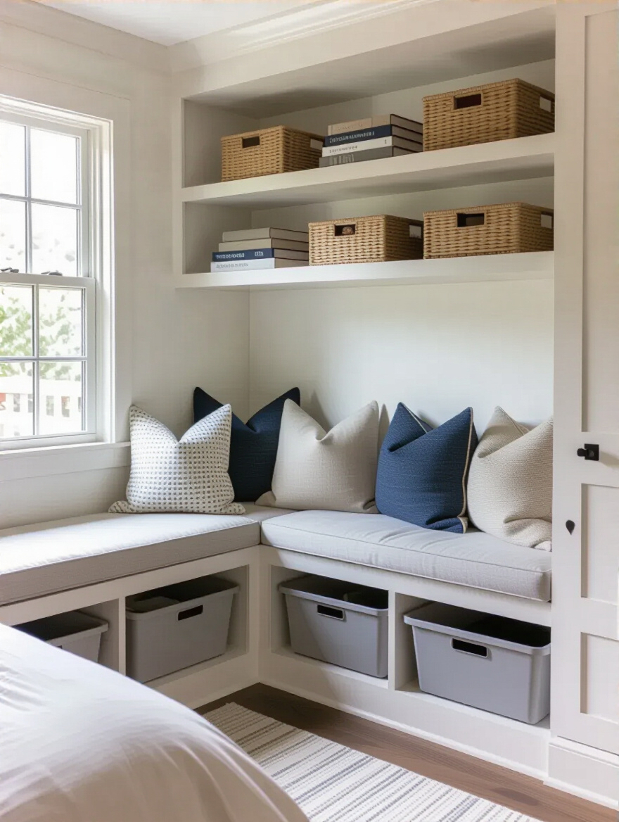 Modern bedroom corner with under-bed storage bins, window seat with hidden compartments, and wall-mounted shelves utilizing hidden storage spots