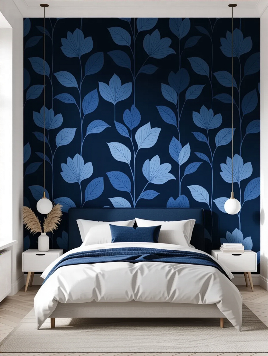 Modern bedroom with a deep navy blue botanical wallpaper accent wall behind a low-profile bed in natural light