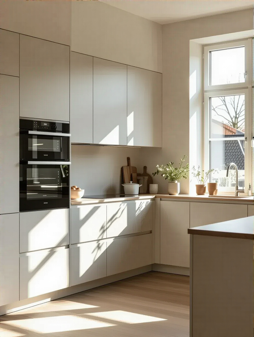 Scandinavian kitchen with integrated appliances behind custom cabinetry