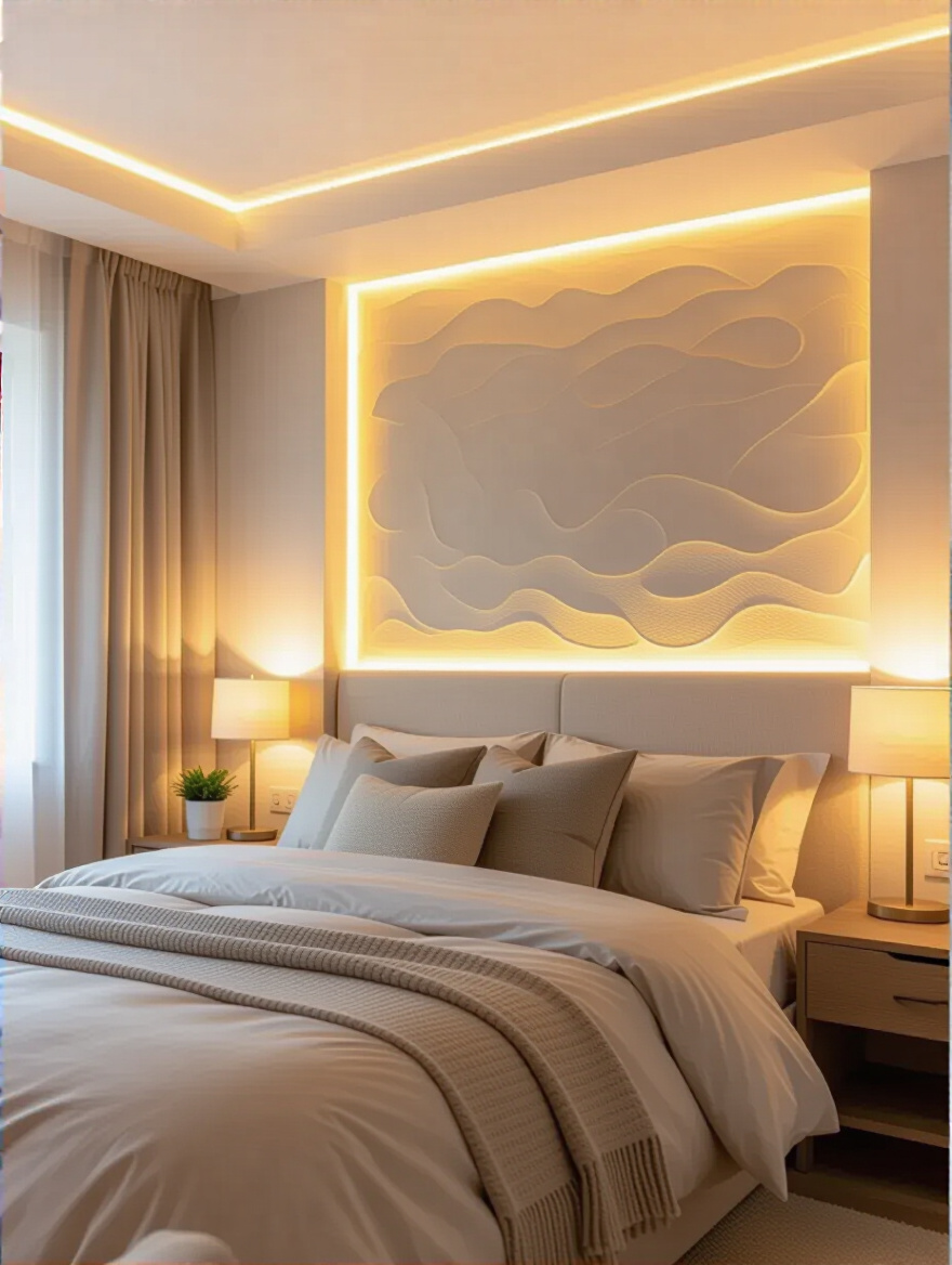 Cozy bedroom with layered lighting showing ambient, task, and accent lights creating inviting zones